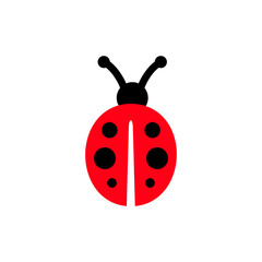 Simple vector illustration of a ladybug with red body, black spots, and antennae, isolated on a white background.