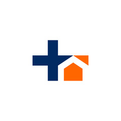 A logo featuring a dark blue plus sign combined with an orange house shape, representing healthcare and home.