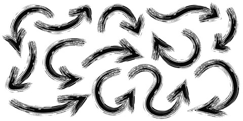 Hand drawn black arrows grunge vector set. Arrow chalk, marker or charcoal. Icon templates for navigation, infographics, banners, and posters. Vector strong brush strokes