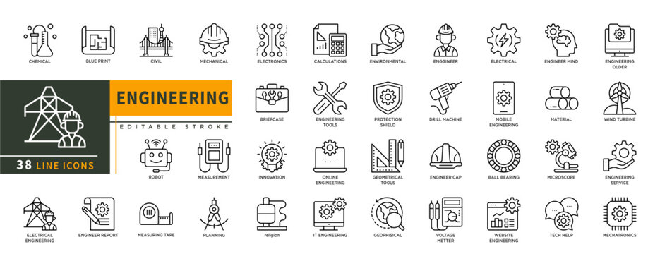 Minimalist Engineering line icons set with editable stroke, featuring chemical, blue print, civil, mechanical, electronics, material, geometrical tools, geophisical, it, etc. thin linear illustration.