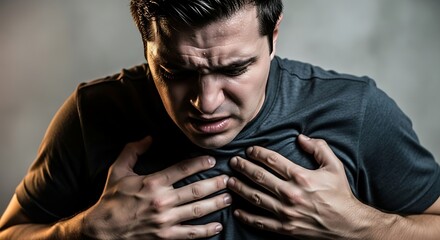 Man clutching chest appearing in intense pain dramatic studio portrait.