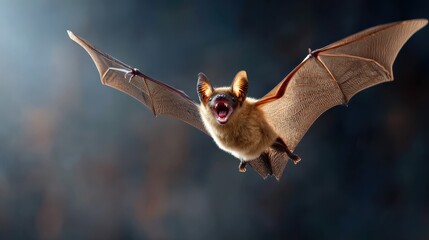 Obraz premium A flying bat soars with outstretched wings and an open mouth, revealing sharp teeth. This detailed close-up captures the nocturnal predator in dramatic, natural light.