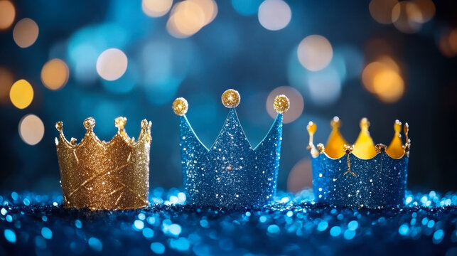 Happy Epiphany Day, Three Kings Day greeting card with three gold crowns on blue background - Powered by Adobe