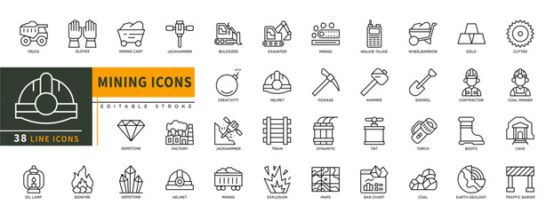 Obraz na płótnie Canvas Minimalist Mining line icons set with editable stroke, featuring truck, gloves, mining cart, jackhammer, buldozer, exavator, walkie talkie, dinamite, tnt, torch, coal, cave. thin linear illustration.