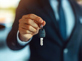 Male holding car keys with car on background