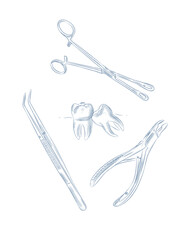 Tooth extraction illustration with dental tools tweezers nippers drawing in graphic style with blue on white background.