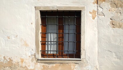 Aged Stone Wall with Ornate Window Grille