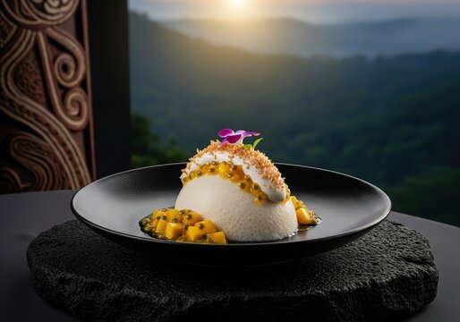 Sago pudding dessert with passion fruit and mango served in a luxury restaurant with a jungle view