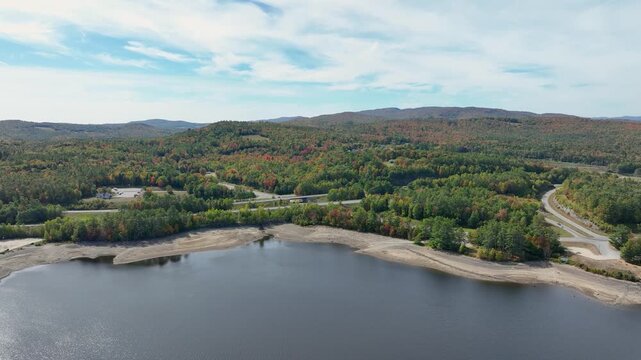 Aerial view of Moore Reservoir with visibly low water levels during drought conditions in late September.