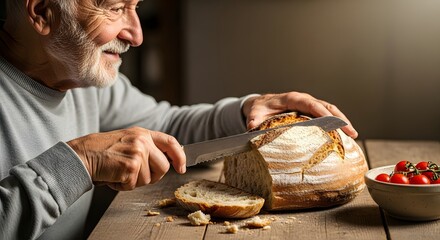 Smiling elderly man slicing a rustic loaf of bread at a wooden table.