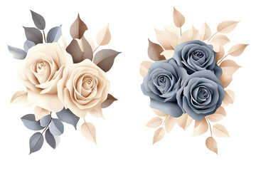 Cream and blue rose floral set, watercolor hand painted romantic bouquet, botanical elegant arrangement for invitation, card, wedding or deco