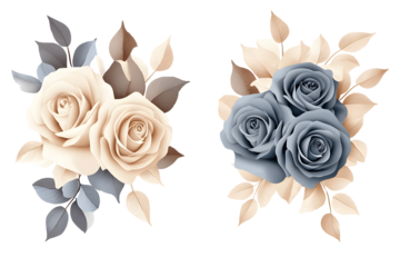 Cream and blue rose floral set, watercolor hand painted romantic bouquet, botanical elegant arrangement for invitation, card, wedding or deco