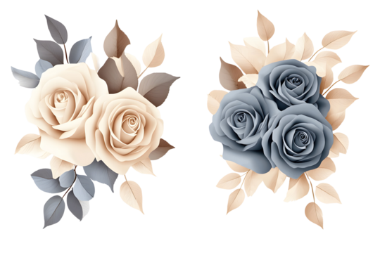 Cream and blue rose floral set, watercolor hand painted romantic bouquet, botanical elegant arrangement for invitation, card, wedding or deco