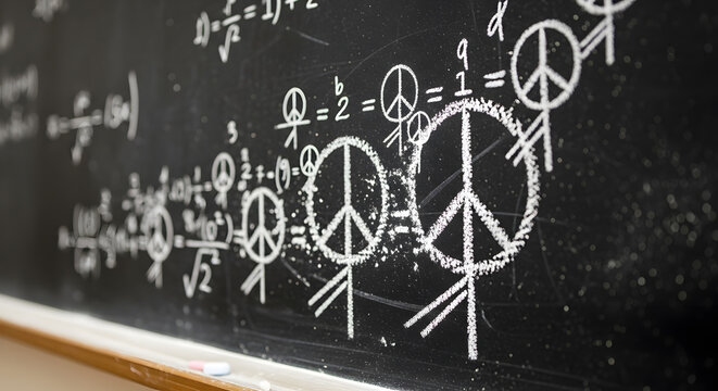 Detailed Close-Up of Math Equations Transforming into Peace Icons on Blackboard