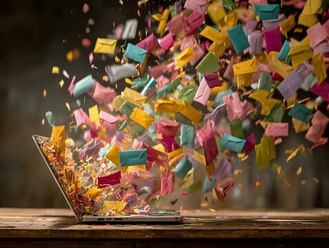 Dynamic photograph of a laptop on a wooden desk, with a massive explosion of colorful envelopes flying out of the screen, visualizing overload.