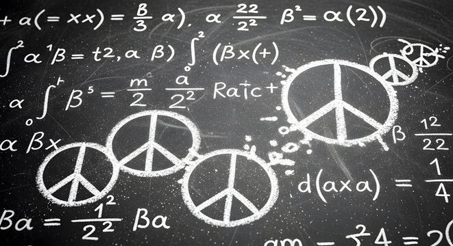 Photorealistic Chalkboard with Chalk Dust, Math Symbols, and Peace Motifs