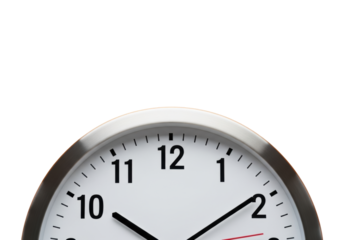 Modern analog wall clock, silver bezel, white face, black numerals, displaying 10:10, close-up, on vibrant orange with copy space, brightly lit. Concept of punctuality and time management