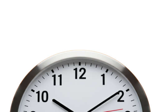 Modern analog wall clock, silver bezel, white face, black numerals, displaying 10:10, close-up, on vibrant orange with copy space, brightly lit. Concept of punctuality and time management