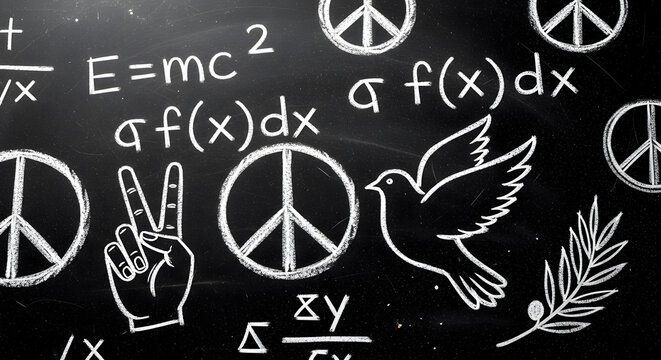 Realistic Blackboard Equations Transitioning into Peace Signs, High Detail - Powered by Adobe