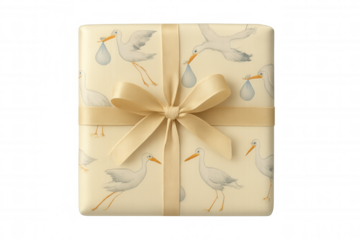 Baby shower gift box wrapped in stork pattern paper with gold ribbon, celebrating newborn arrival, transparent background