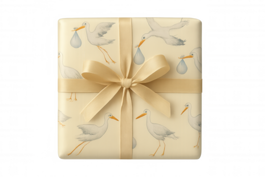 Baby shower gift box wrapped in stork pattern paper with gold ribbon, celebrating newborn arrival, transparent background