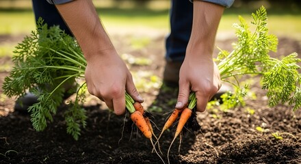 Fototapeta premium hands harvesting fresh organic carrots from garden soil