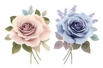 Cream and blue rose floral set, watercolor hand painted romantic bouquet, botanical elegant arrangement for invitation, card, wedding or deco