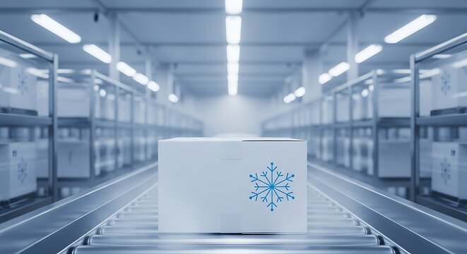 Frozen food package on conveyor belt in cold storage warehouse facility Industrial frozen food production concept 3D rendering