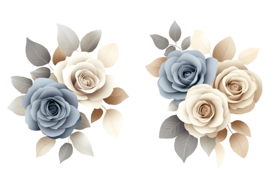 Cream and blue rose floral set, watercolor hand painted romantic bouquet, botanical elegant arrangement for invitation, card, wedding or deco