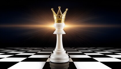 a glowing golden crown atop a white chess piece on a black and white checkered floor