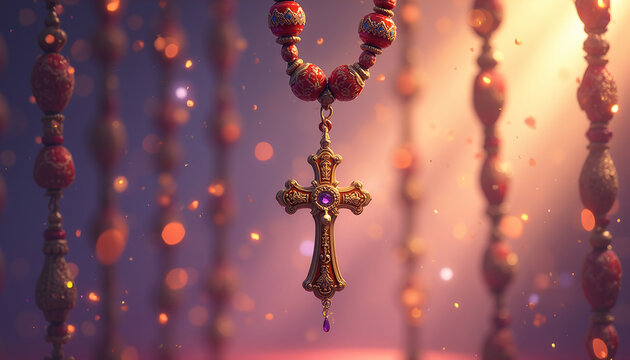 Prayer beads with a cross pendant, elegant design with glowing background and bokeh effect
