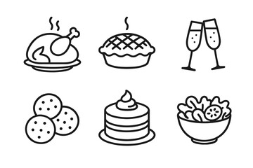 Holiday feast icons: roast chicken, pie, champagne, cookies, pancakes, salad