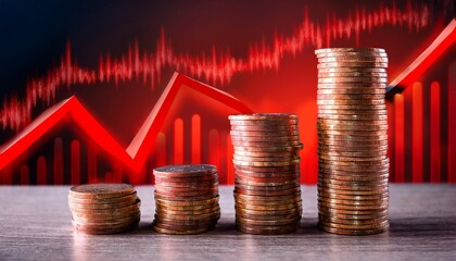 financial crisis concept with stacks of coins and a declining red graph in the background symbolizing an economic downturn