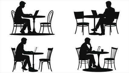 Silhouette of a person working on a laptop at a café table, representing remote work, digital nomad lifestyle, casual workspace, coffee shop office, productivity, and flexible work environment.