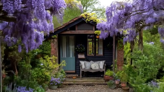 Charming garden cottage adorned with vibrant wisteria, surrounded by lush greenery and flowers