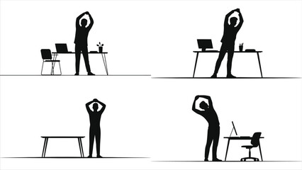 Silhouette of a person stretching near a desk during a work break, promoting healthy office habits, workplace wellness, ergonomic breaks, stress relief, and maintaining productivity in a workspace