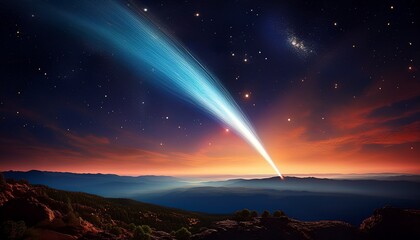 stunning view of comet passing through earth s atmosphere leaving a fiery trail against backdrop of star filled sky showcasing beauty of the cosmos