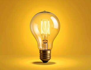 Vintage-Style Incandescent Light Bulb with Visible Filament on Yellow Background