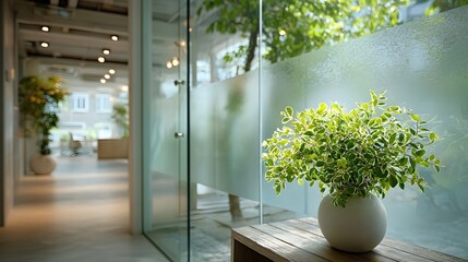 Modern office interior featuring glass doors with frosted privacy film. A vibrant green plant is softly visible, adding a touch of nature.