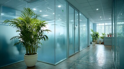 Modern office interior featuring glass doors with frosted privacy film. A vibrant green plant is softly visible, adding a touch of nature.