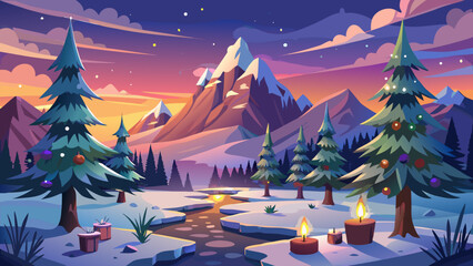 Very beautiful panorama A Christmas tree with candles and lights stands lonely and romantic in a panoramic landscape with snow and mountains at sunset
