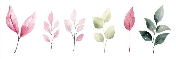 watercolor green leaves elements. Collection botanical vector isolated on white background