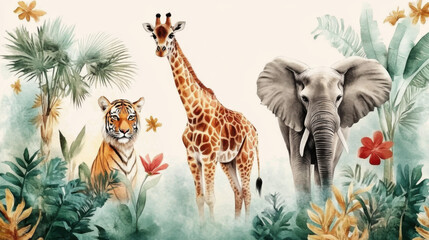 Modern abstract art. Animal illustration. Golden elements, watercolor painting, children's wallpaper. Hand drawn plants