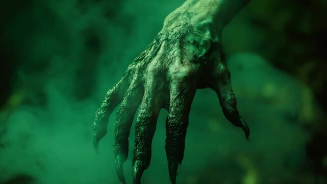 Green, monstrous, clawed hand with dark fingernails, partially decayed