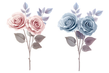 Duet color rose botanical set, mauve and blue pastel flower bouquet, watercolor hand painted floral arrangement for decorative, card, and wedding design