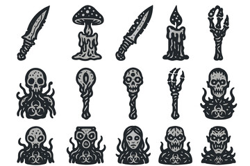 Spooky halloween icons: skulls, knives, mushrooms, creepy hands, candles