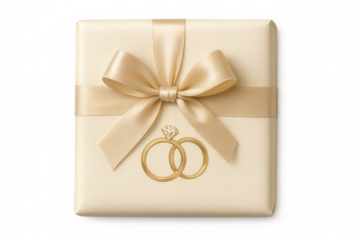 Wedding gift box with golden ribbon bow and engagement rings on transparent background, celebrating marriage and love