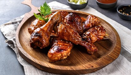 grilled chicken pieces with a glaze served on a wooden platter