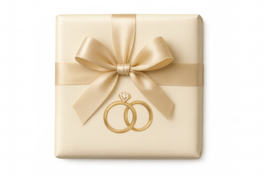 Wedding gift box with golden ribbon bow and engagement rings on transparent background, celebrating marriage and love