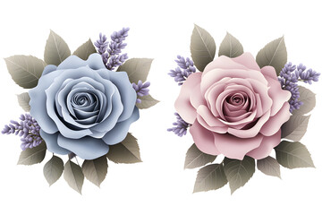Duet color rose botanical set, mauve and blue pastel flower bouquet, watercolor hand painted floral arrangement for decorative, card, and wedding design